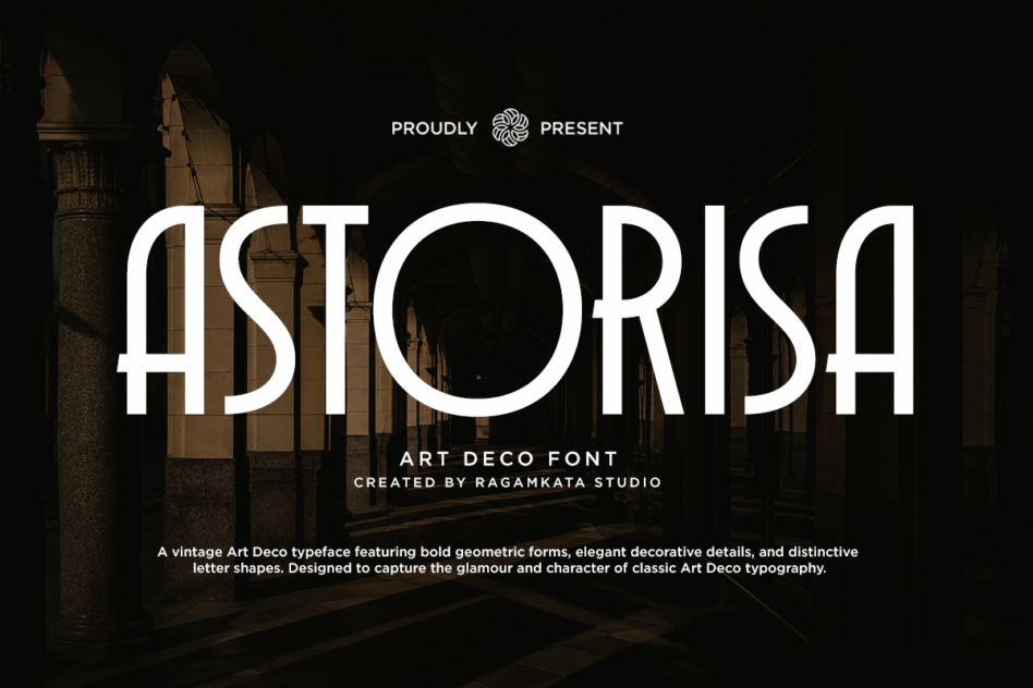 Astorsa Art Deco font display with geometric letterforms over vintage architecture