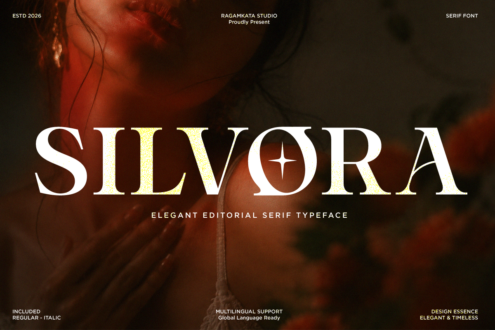 Silvora serif font display with elegant letterforms over moody textured background