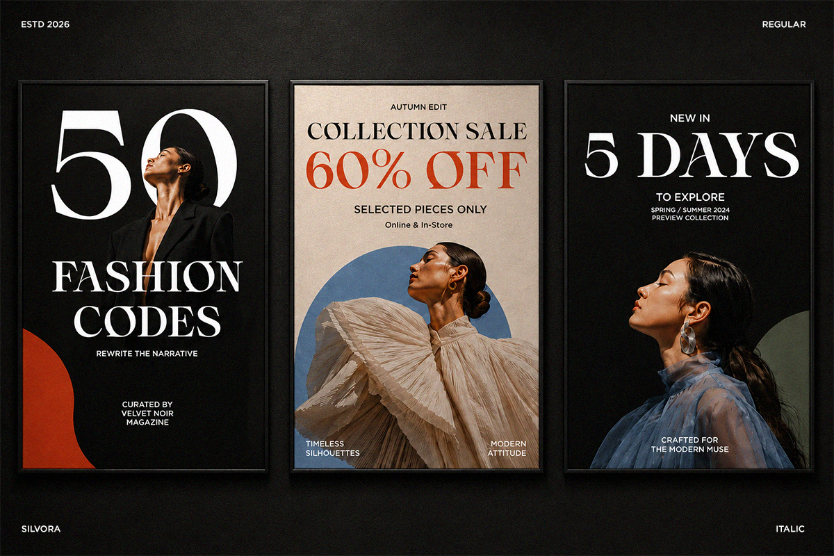 Three luxury retail posters with fashion campaigns, 60% off sale, new collection preview