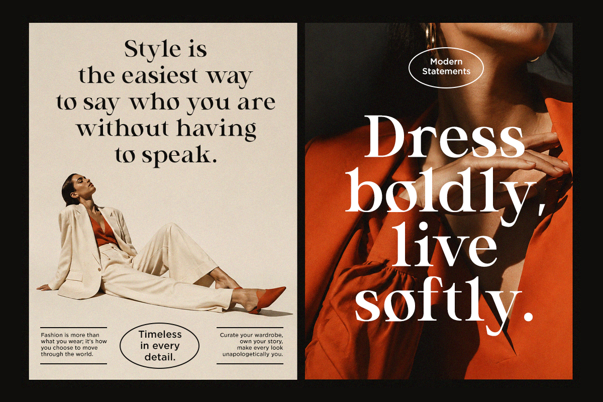 Split-screen fashion composition with serif typography on left, bold statement text on red background right side