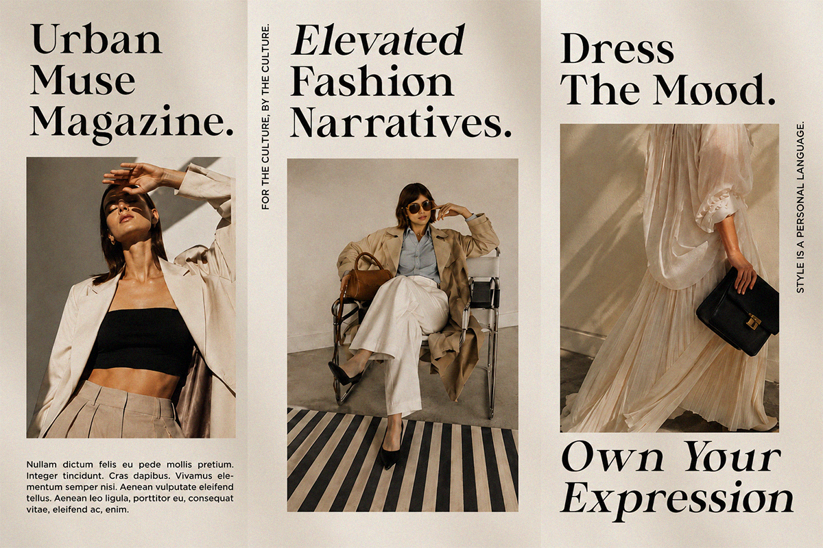 Triptych fashion editorial with three lifestyle portraits, magazine section headers, neutral color palette throughout