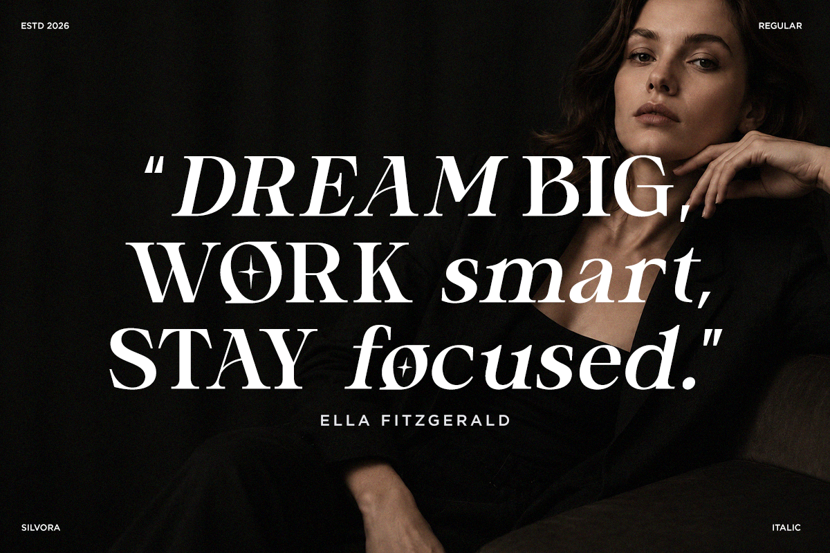Motivational quote layout over dark portrait with italic serif typeface, Ella Fitzgerald attribution