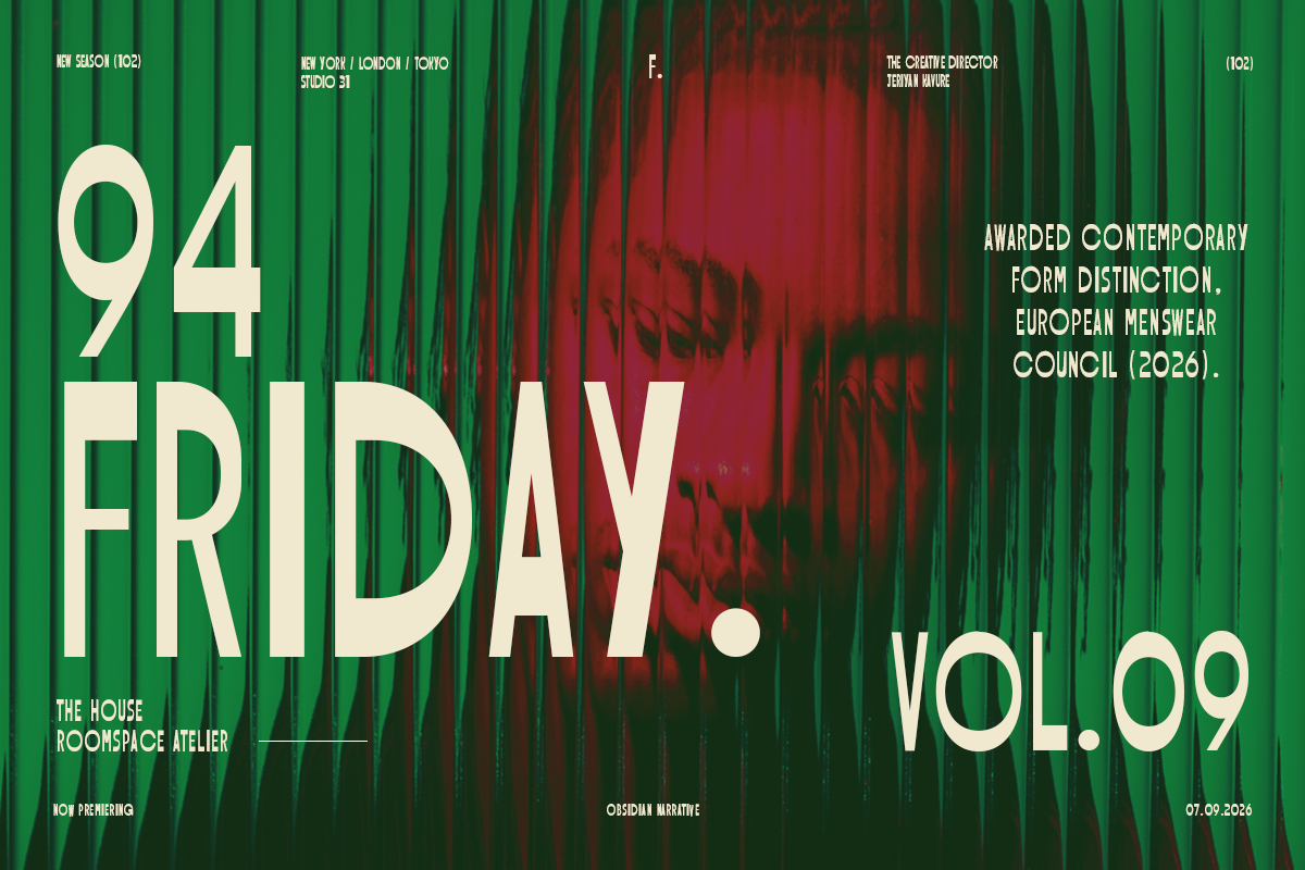 Bold cream typography on vibrant green backdrop with red gradient, magazine cover layout with editorial details scattered throughout