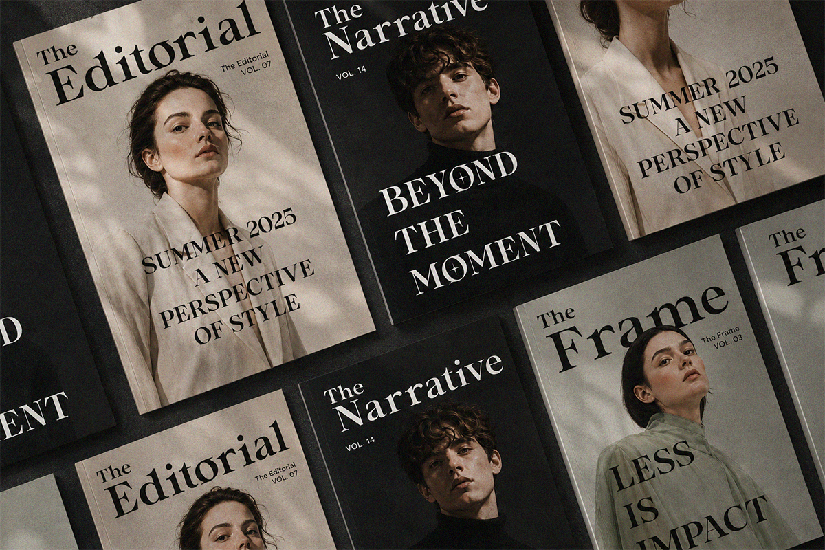 Stack of magazine covers featuring portrait photography, editorial titles, moody black white neutral tones arranged diagonally