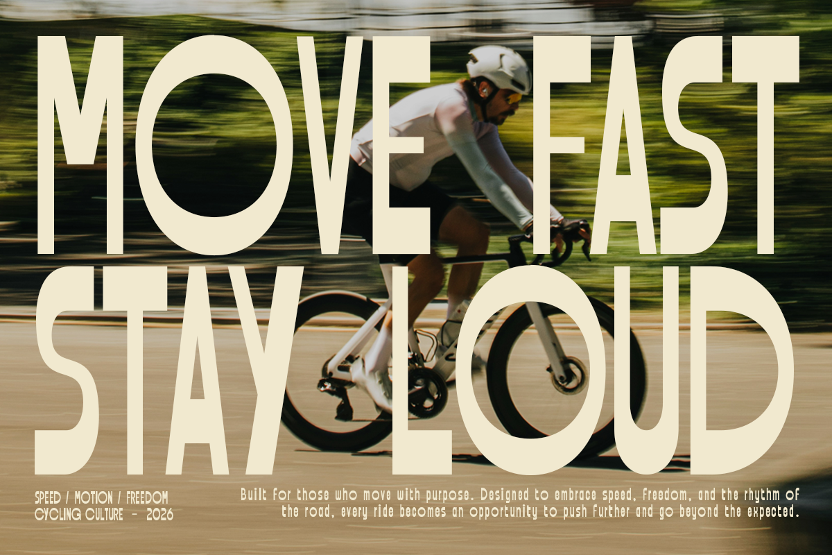 Cyclist in motion with bold cream typography overlaid, blurred green background, cycling culture design 2026