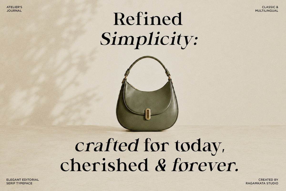Luxury handbag product shot paired with serif typography saying refined simplicity, crafted for today forever