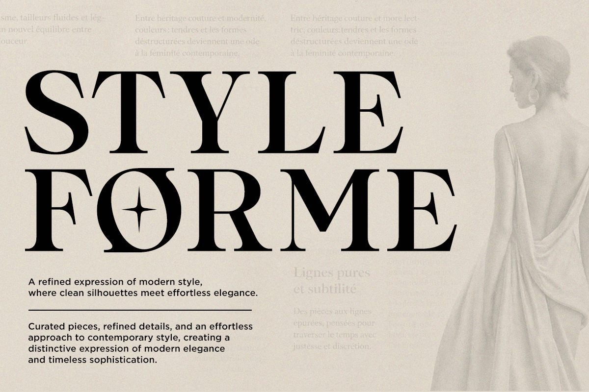 Editorial design showcasing large serif typography with subtle silhouette figure, layered French text elements