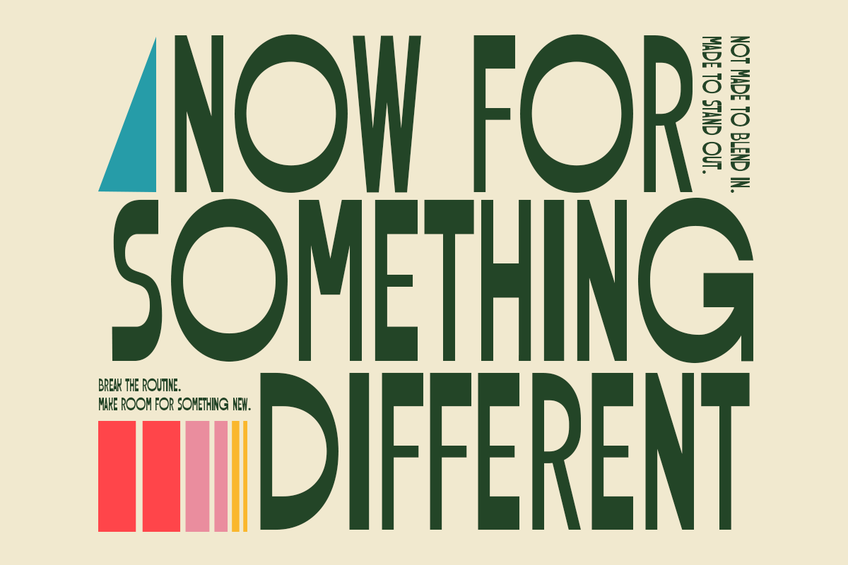 Bold motivational poster with dark green typography, colorful accent bars, teal triangle on cream background