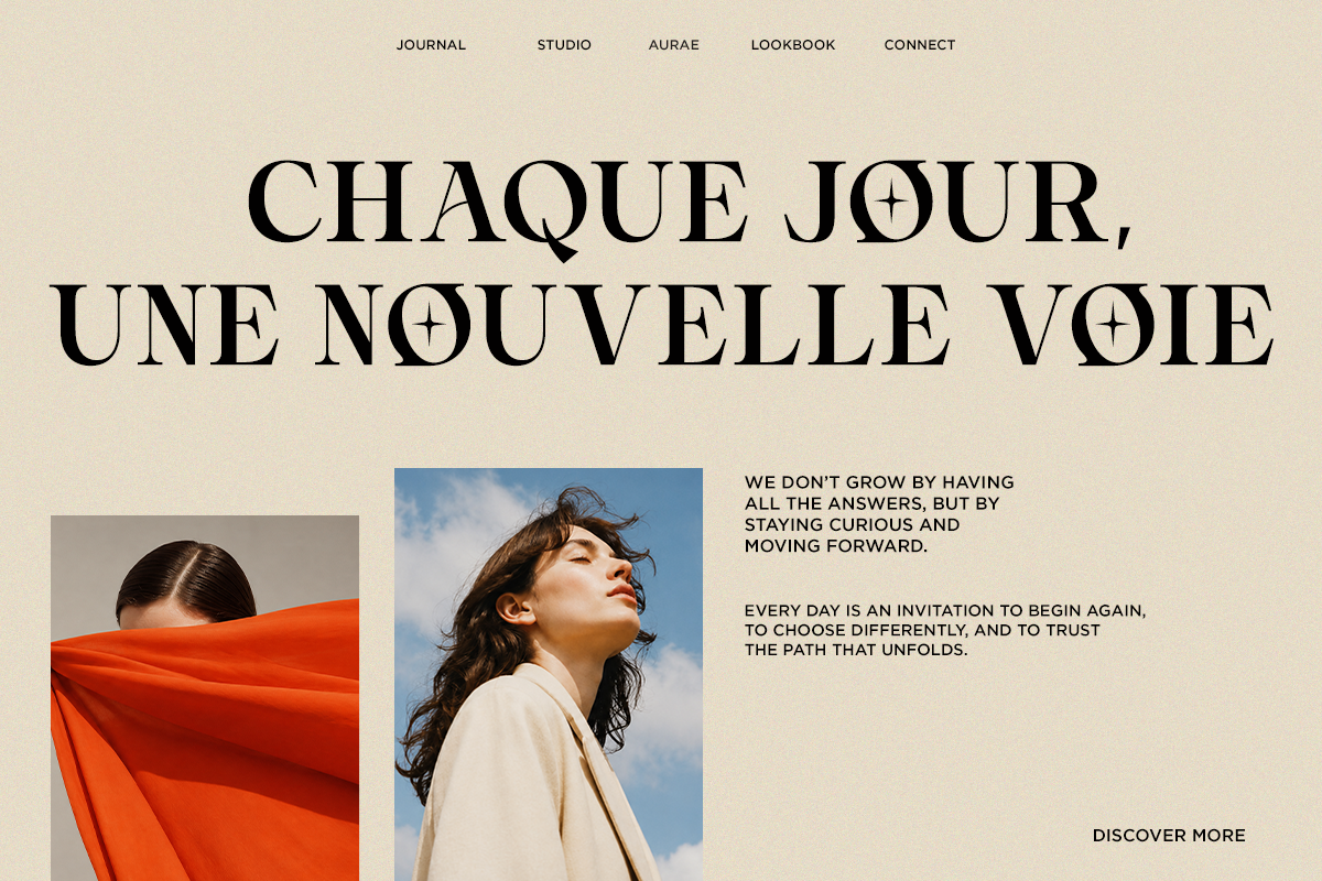 Magazine layout with French headline, two portrait photos, navigation menu, inspirational quote blocks on cream background