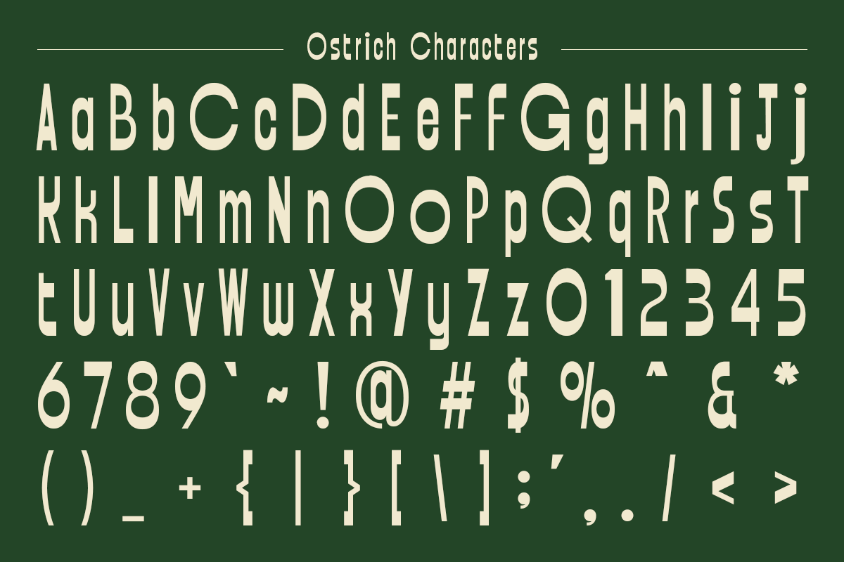 Ostrich font character set showing uppercase, lowercase, numbers, plus symbols on forest green background
