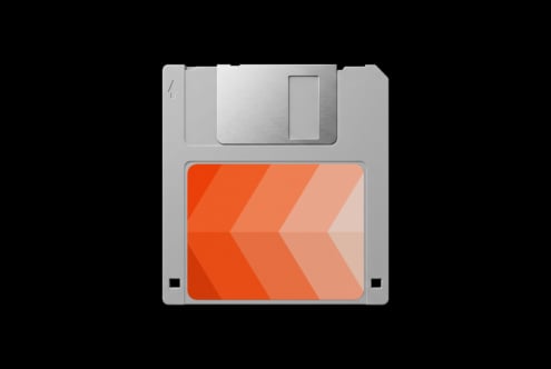 Retro floppy disk mockup with orange gradient chevron pattern on metallic silver disk