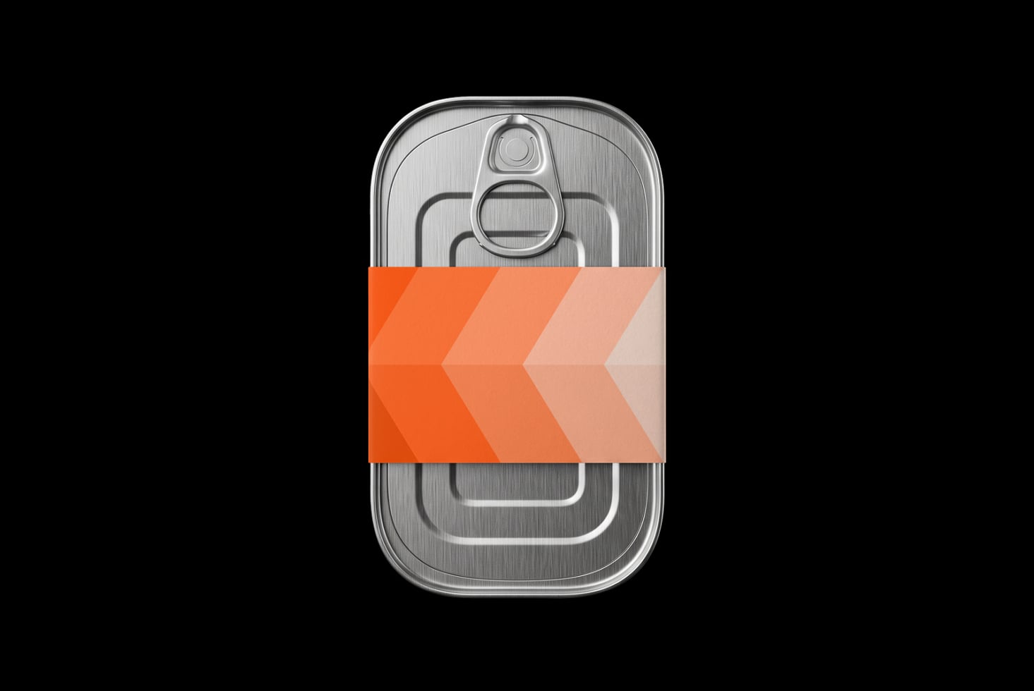 Metallic soda can mockup with orange gradient chevron stripe overlay on black background