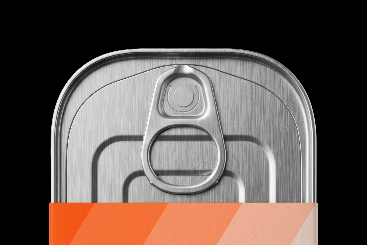 Aluminum can top with pull tab on black background, orange gradient bar at bottom