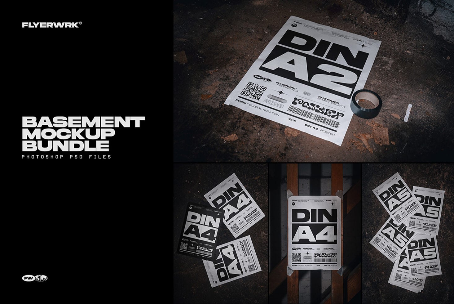 Overhead shot of DIN A4 posters with QR codes, barcodes, tape on grungy concrete surface