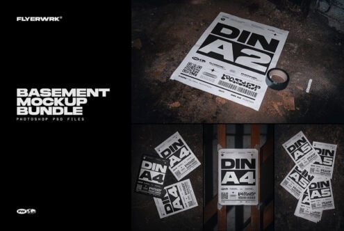 Overhead shot of DIN A4 posters with QR codes, barcodes, tape on grungy concrete surface