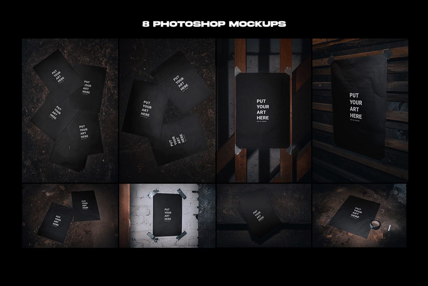 8 Photoshop mockups showing black cards, posters, in moody industrial settings with textures