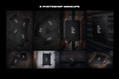 8 Photoshop mockups showing black cards, posters, in moody industrial settings with textures