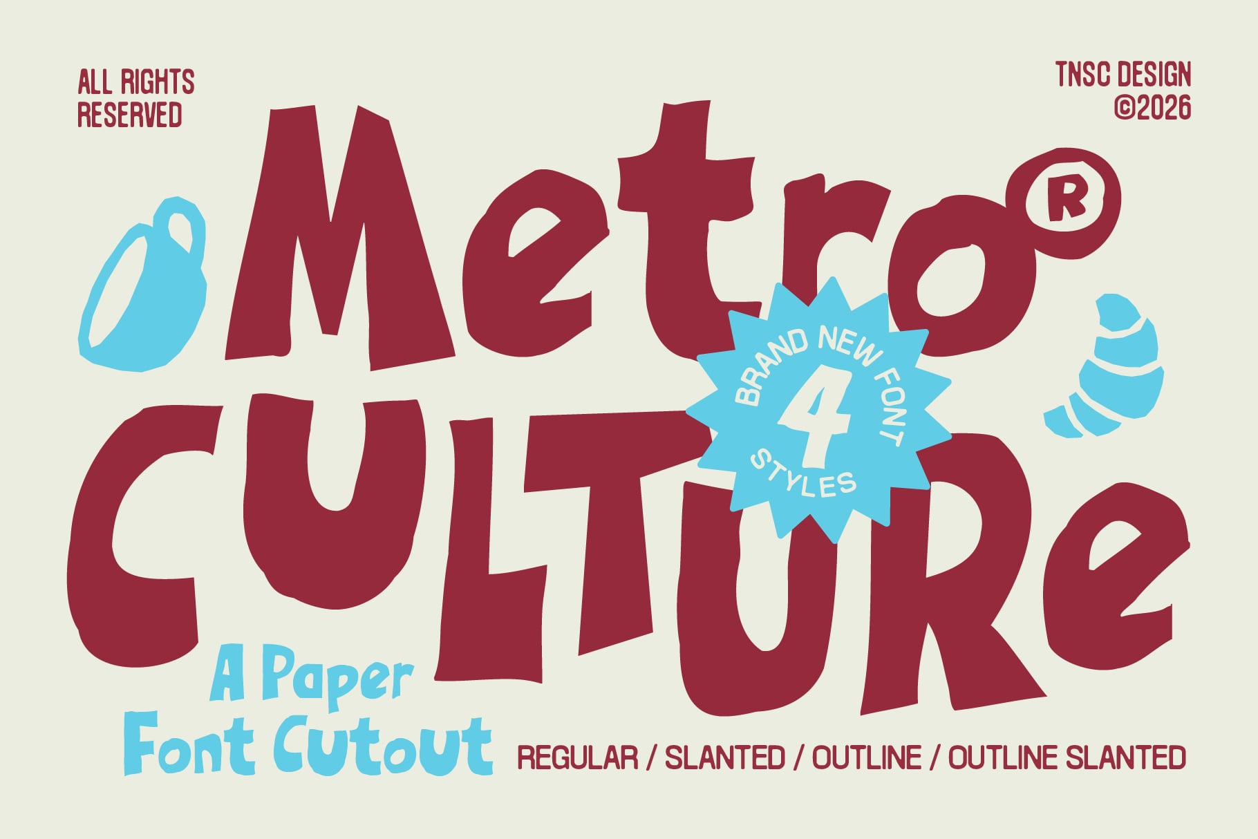 Metro Culture paper font cutout with 4 styles in burgundy, blue accents included