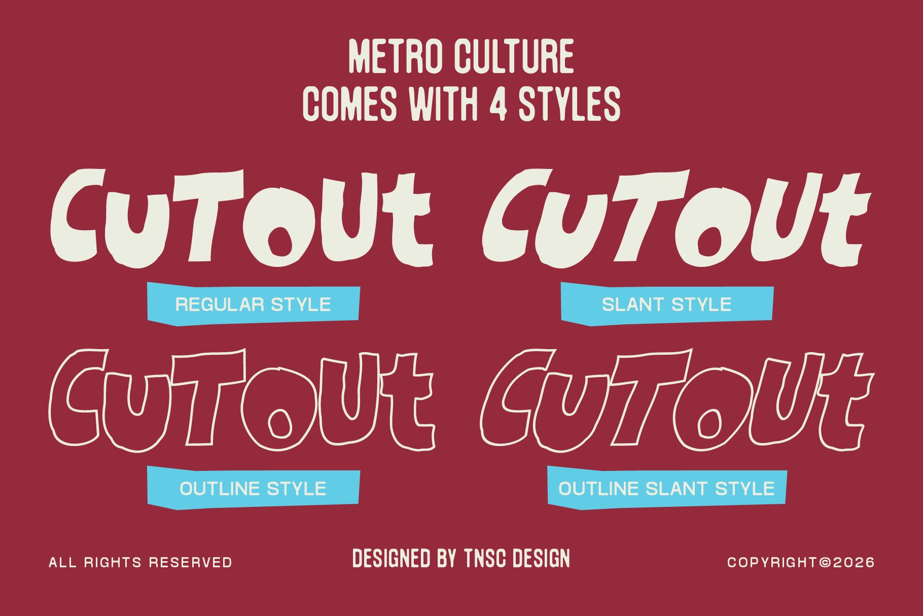 Metro Culture font showing 4 style variations on burgundy background with cyan labels