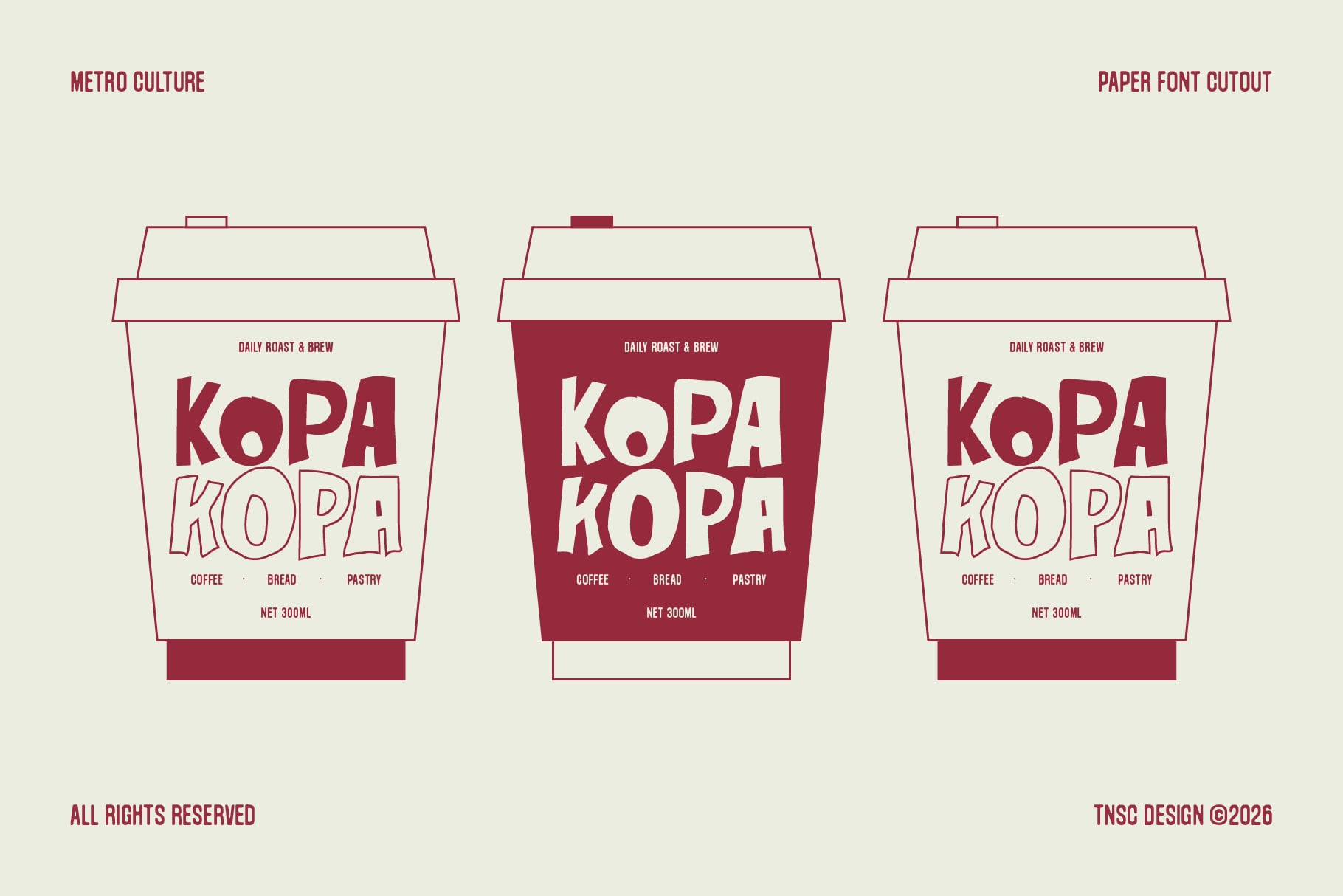 Coffee cup label mockup showing three Kopa Kopa branded takeaway cups in outline, solid, paper cutout styles