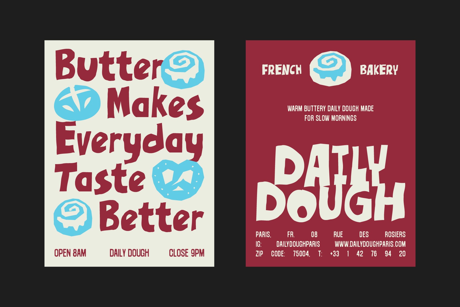 Retro bakery poster mockup with butter croissant illustrations in burgundy plus sky blue