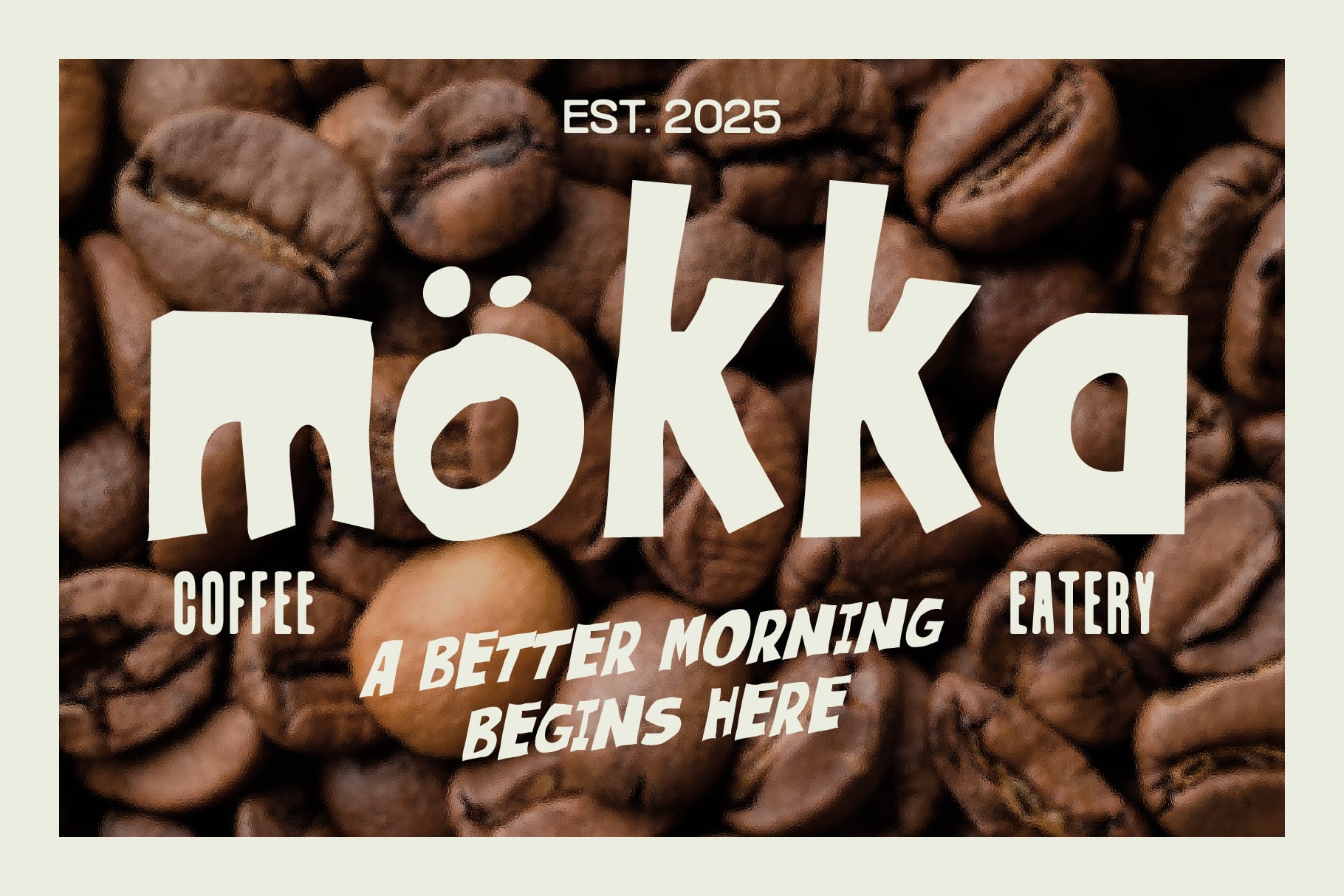 Mokka coffee shop branding mockup with cream lettering over roasted beans background
