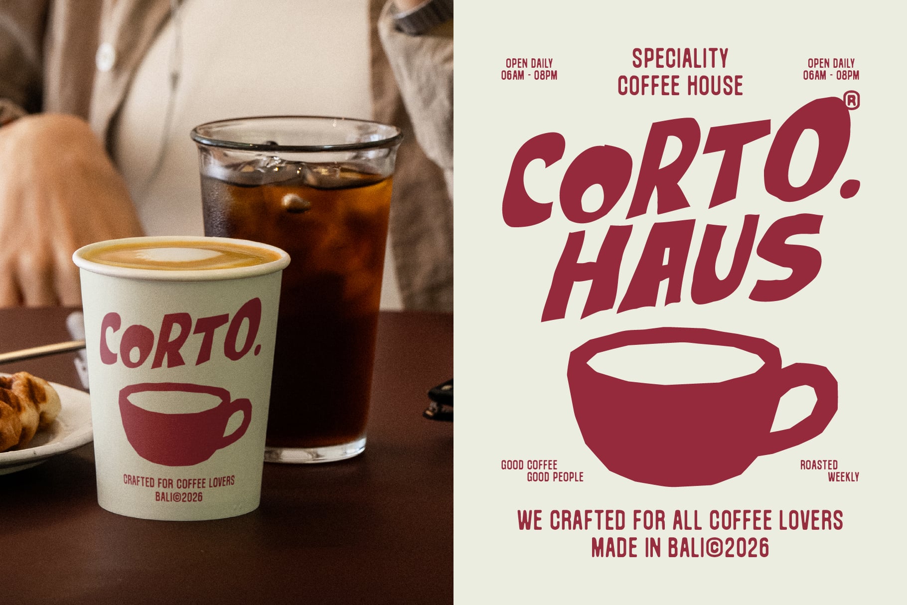 Coffee shop branding mockup with cup, poster, hours, burgundy logo on cream background