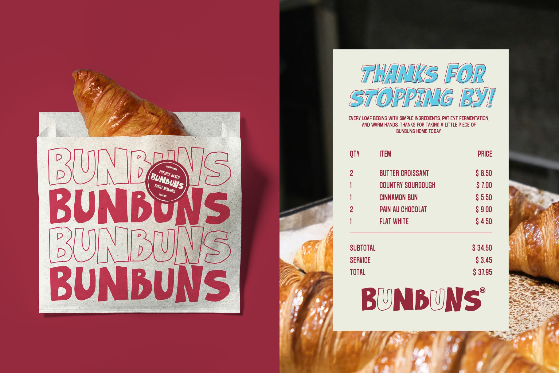 Bakery receipt mockup with croissants, burgundy bag showing repeated text, cream-colored invoice listing pastries with prices