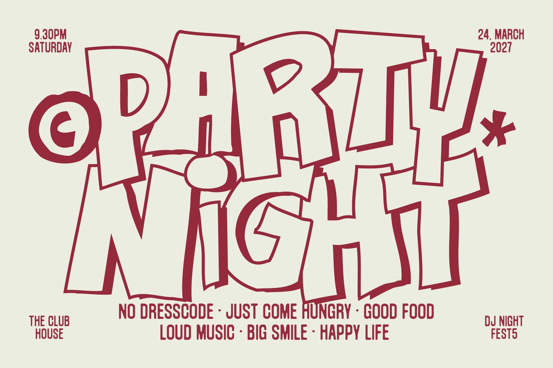 Bold outlined burgundy text reading "open air night" with event details on cream background