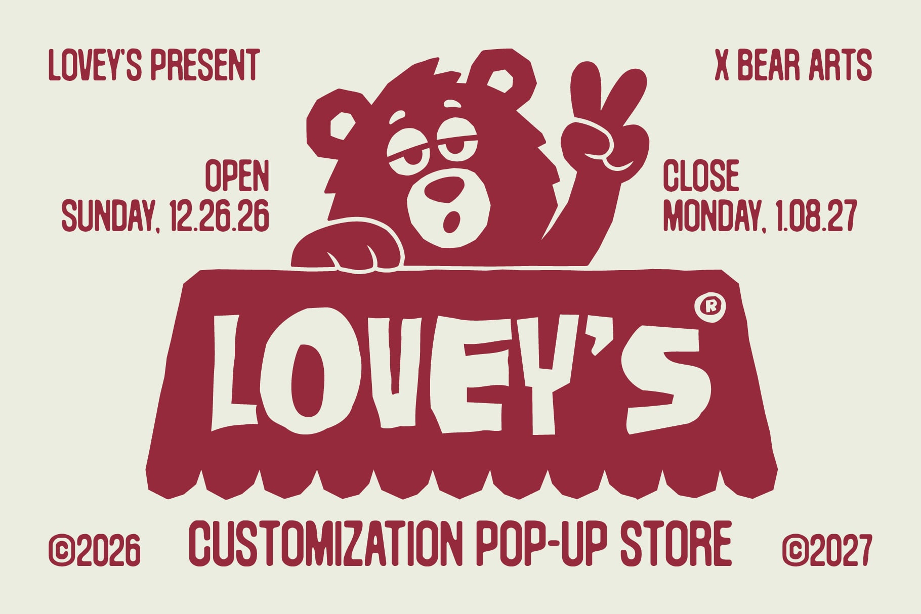 Lovey's pop-up store poster with cheeky bear mascot peeking over scalloped awning