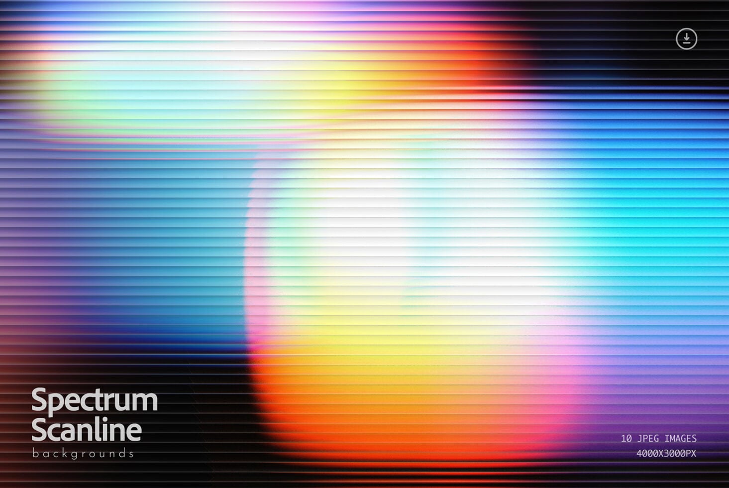 Colorful scanline gradient background with horizontal lines fading through rainbow hues, bright center fading to dark edges