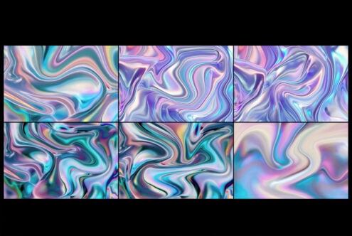 Holographic liquid swirl textures in neon pink, purple, cyan with iridescent chrome effects