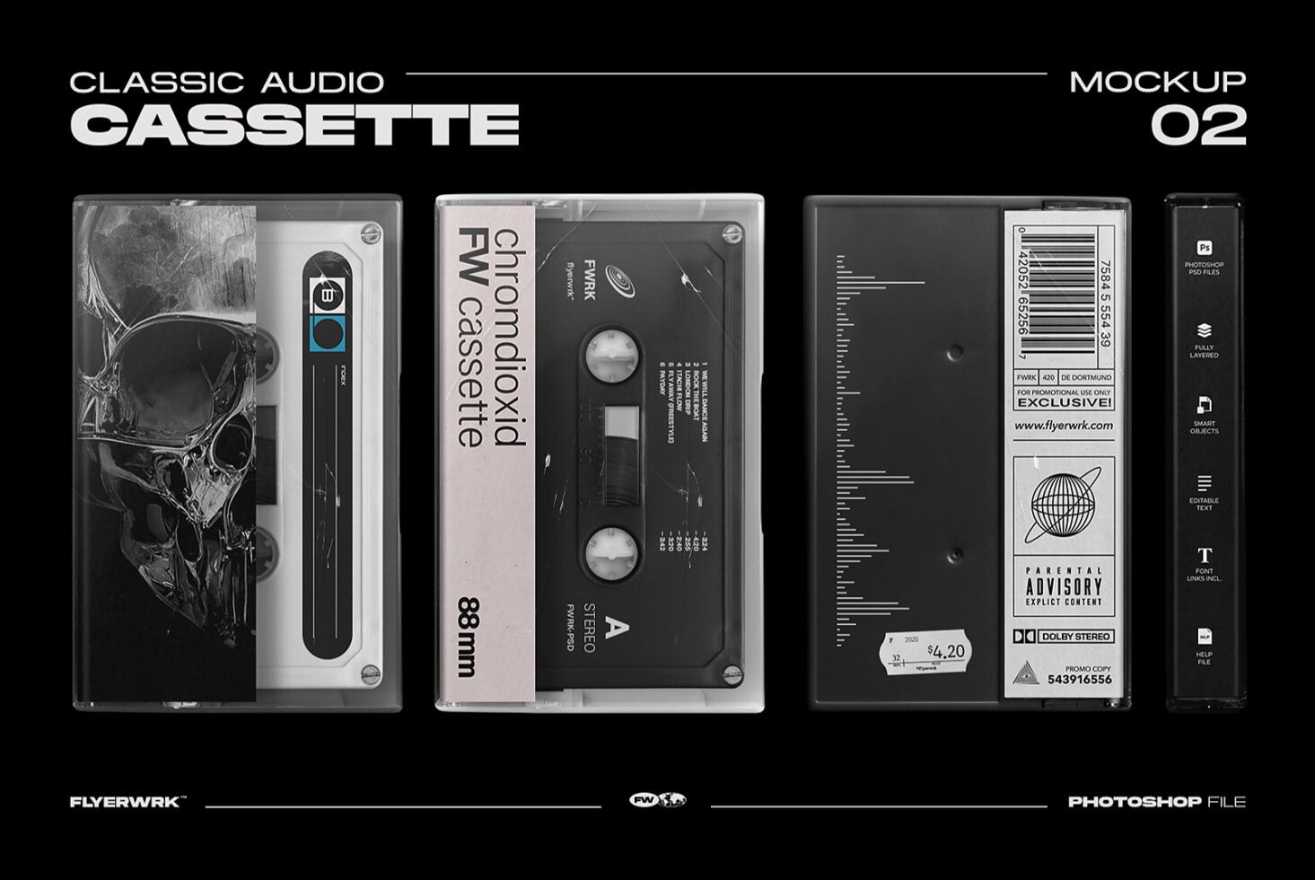 Retro cassette tape mockup showing four different tape designs with editable artwork layouts in black