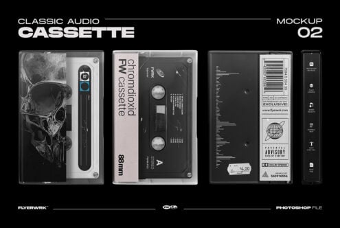 Retro cassette tape mockup showing four different tape designs with editable artwork layouts in black