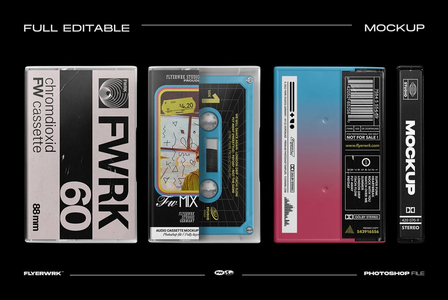 Four retro cassette tape mockups with editable designs, ranging from minimal black to colorful gradient styles