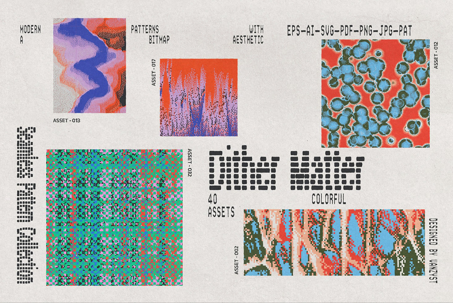 Collection of 40 colorful bitmap patterns with wavy forms, pixelated textures, retro vibes