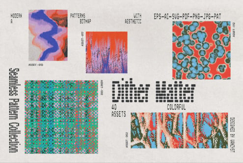 Collection of 40 colorful bitmap patterns with wavy forms, pixelated textures, retro vibes