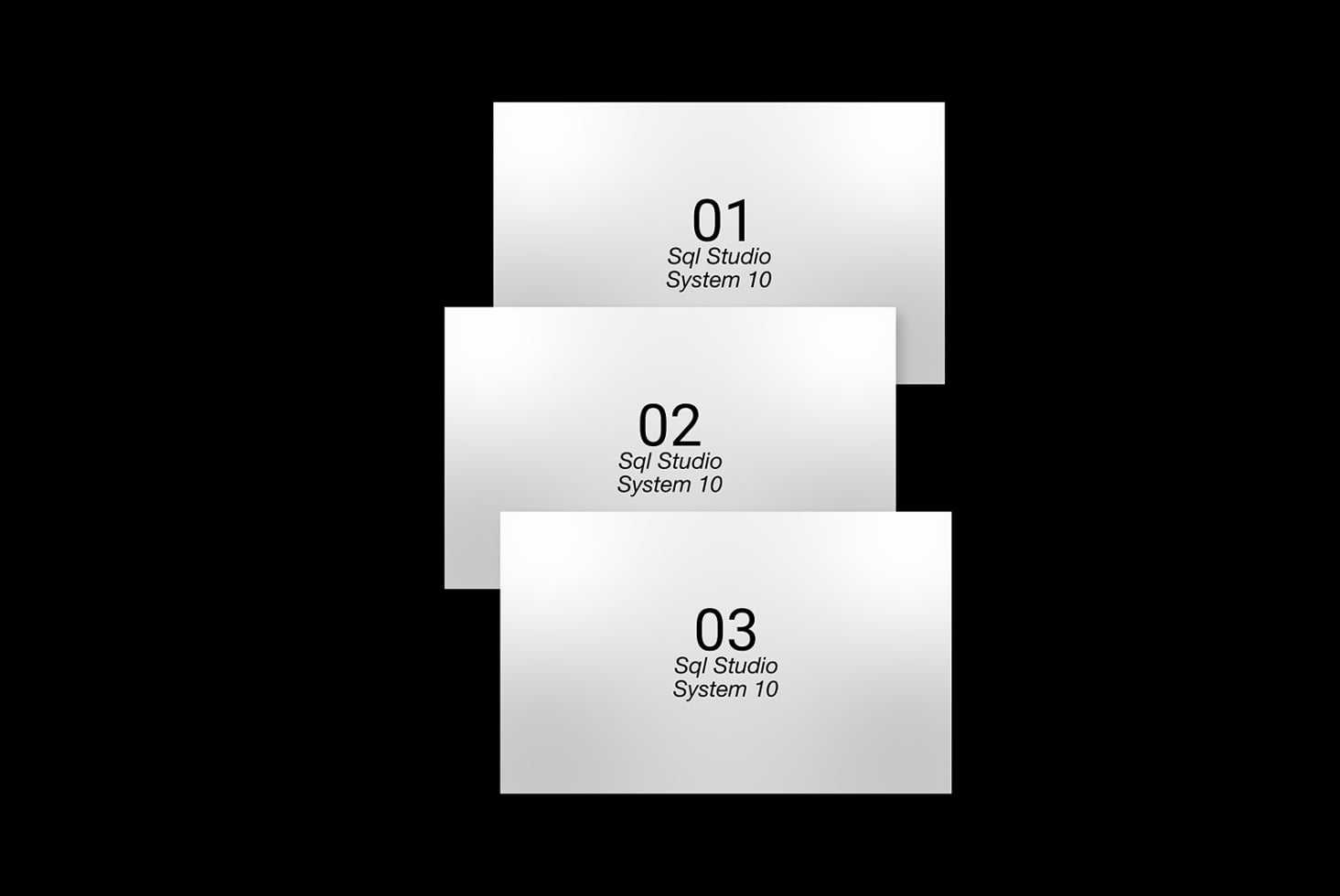 Stacked white cards showing SQL Studio System 10 mockup with numbered sections on black