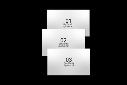Stacked white cards showing SQL Studio System 10 mockup with numbered sections on black