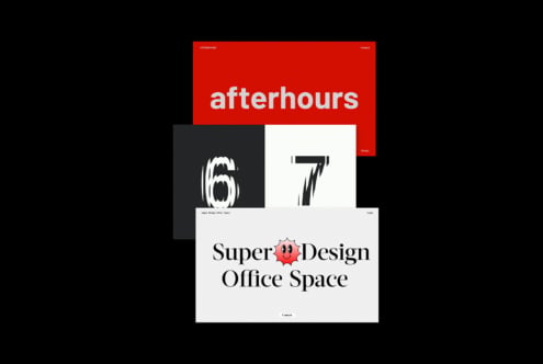 Layered website mockup with bold red header, split black-white sections showing numbers, serif branding below