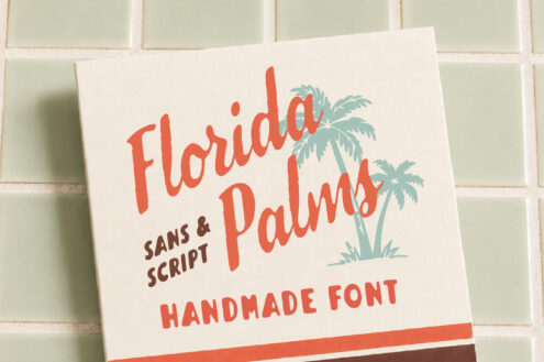 Florida Palms handmade font in coral with palm tree graphics on cream paper mockup