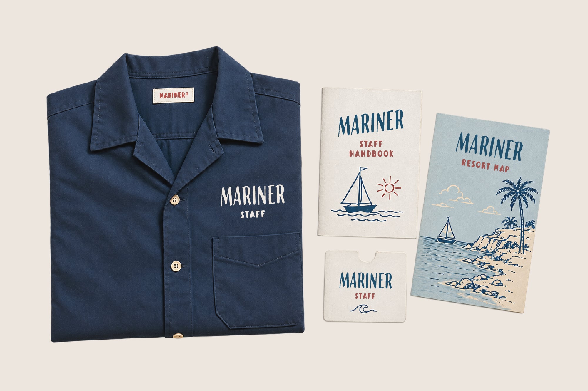 Vintage resort branding mockup with navy work shirt, staff handbook, resort map, badges showing nautical illustrations