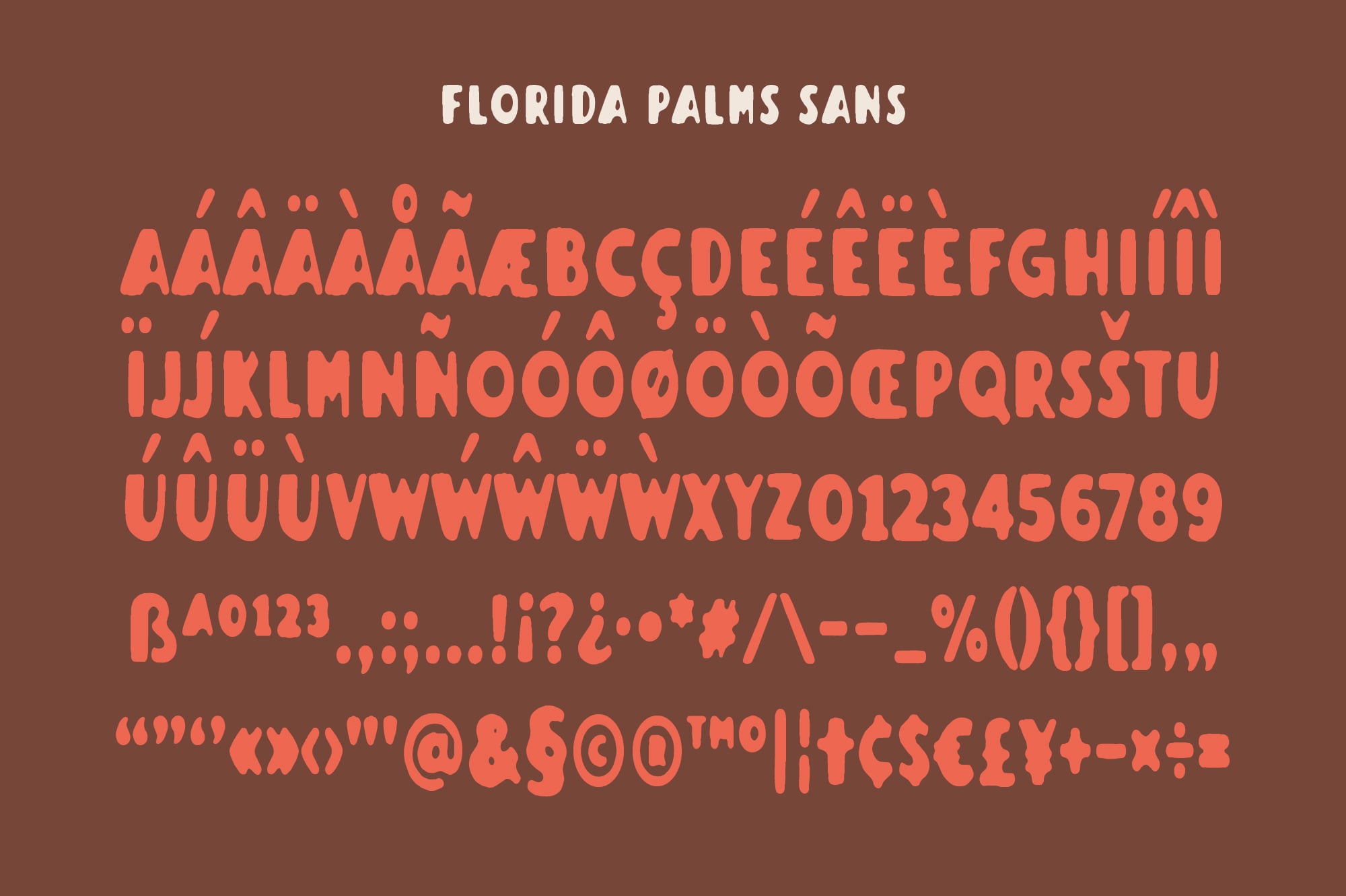 Florida Palms Sans typeface showing full character set in coral on brown