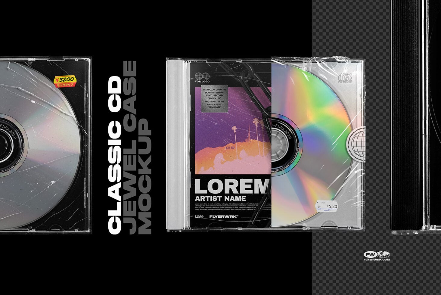 CD jewel case mockups with rainbow disc, vintage aesthetic, customizable album artwork templates