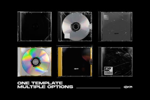 CD case mockup template showing 6 different layouts with blank, holographic, gold, black covers