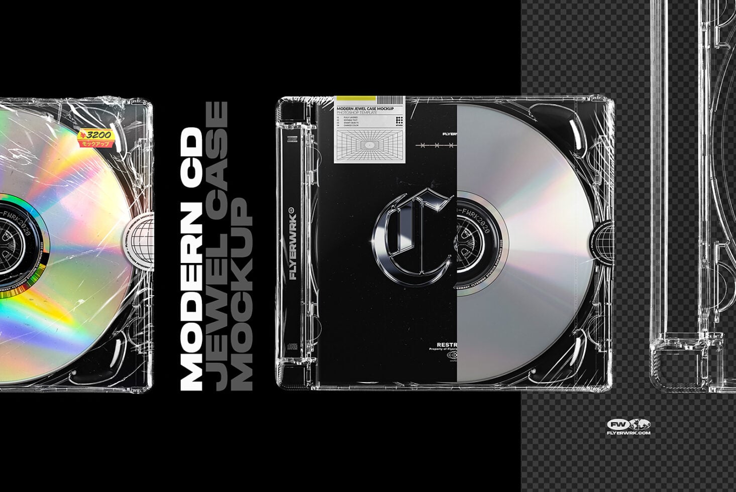 Modern jewel case mockup with holographic disc, front back inserts showing retro futuristic design layouts