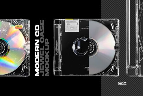 Modern jewel case mockup with holographic disc, front back inserts showing retro futuristic design layouts