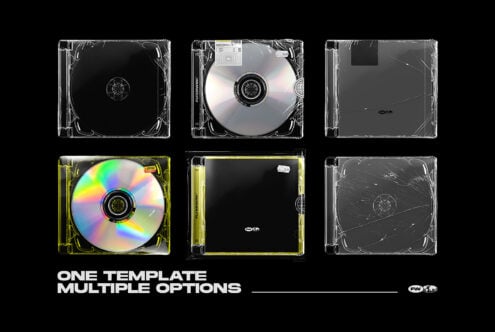 CD case mockup set showing six variations with clear, silver, holographic discs in clear cases plus yellow case options