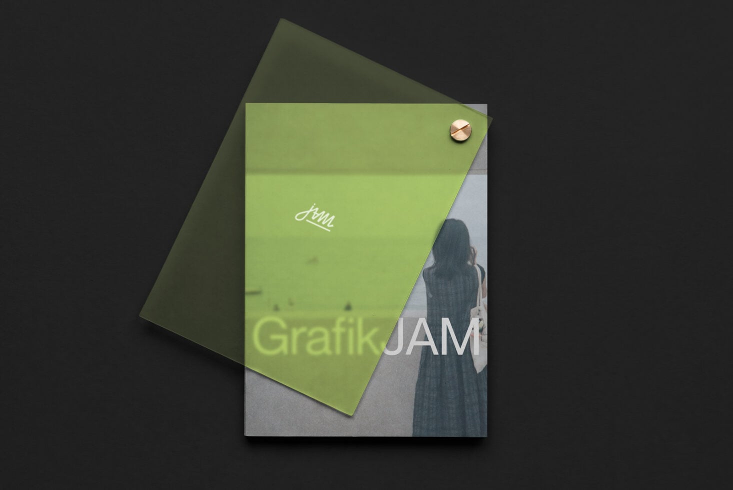 Lime green folder mockup with brass brad fastener on dark background