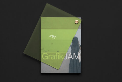 Lime green folder mockup with brass brad fastener on dark background